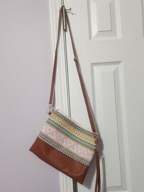 Brown Embroidered Crossbody Bag with Pastel Geometric Accents